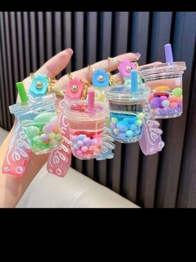 Cute Pastel Bubble Drink Keychain for Kids - Pink, Blue, Green, Purple